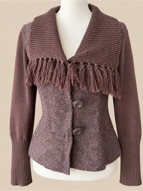 Y2K Vintage Fringe Wool Button Front Blazer Sweater S